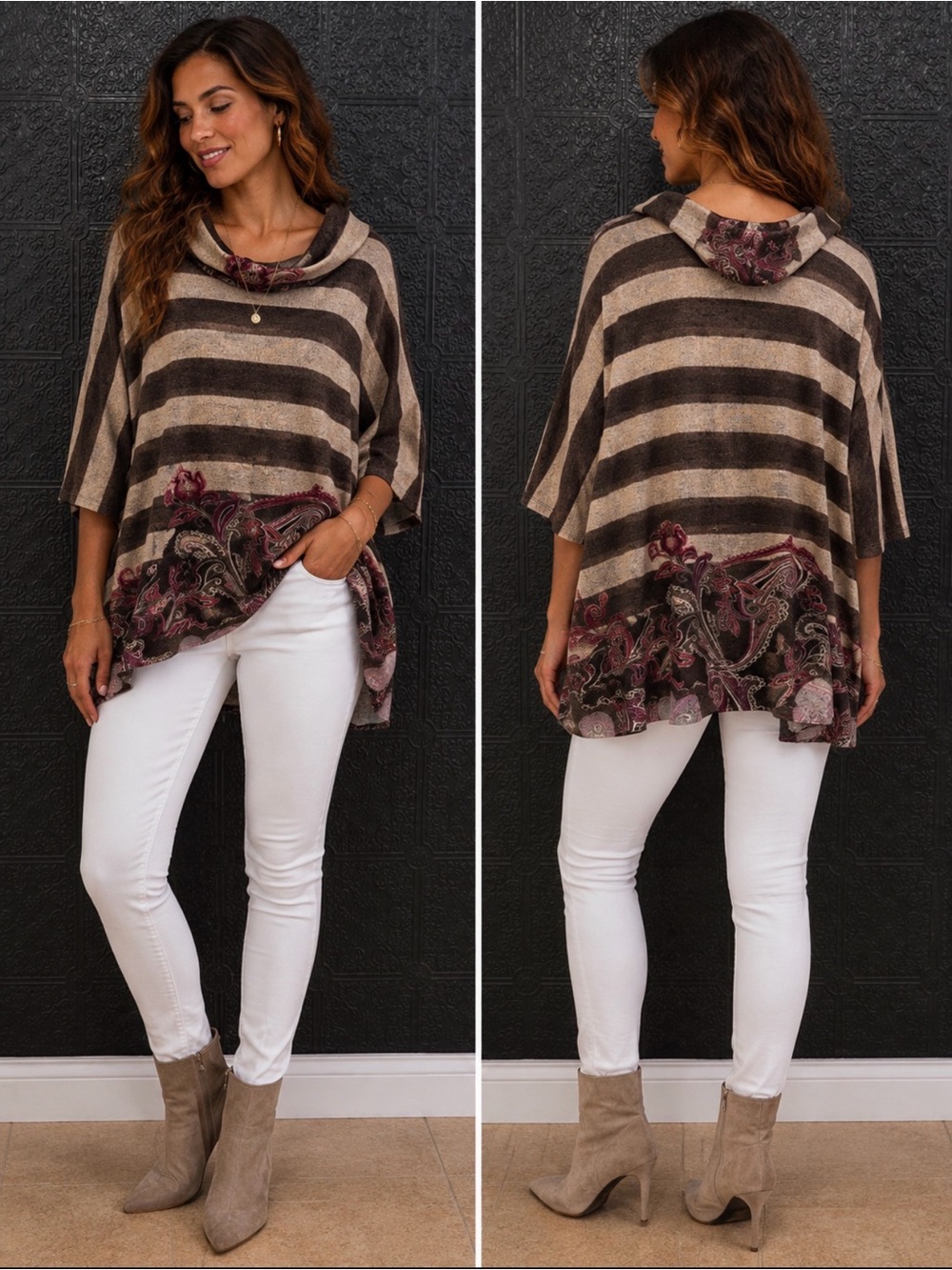 Striped Hooded Poncho with Paisley Trim - Brown & Cream